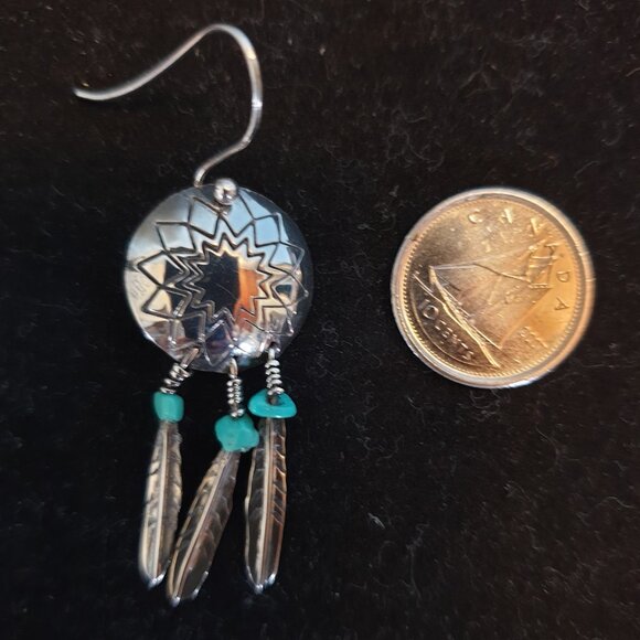 Navajo Dreamcatcher Feather Turquoise Sterling Silver Earrings - Native American - Picture 11 of 11